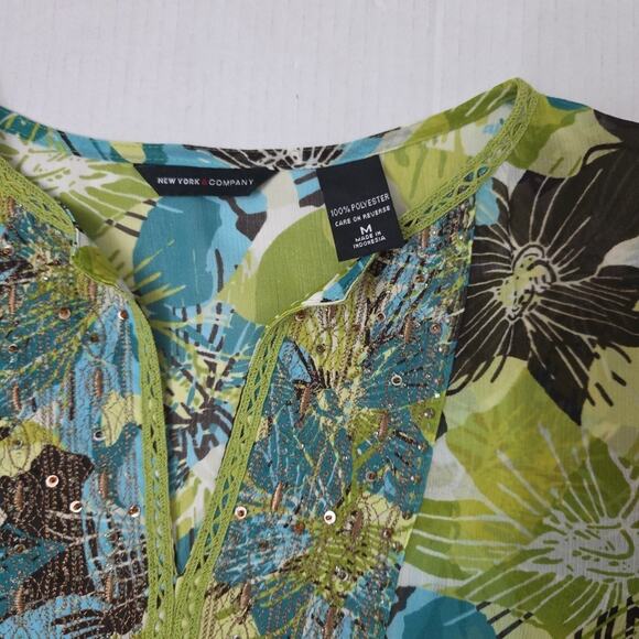 Y2K New York & Co. Womens Floral Sheer W Sequins V Neck Blouse Green Sz M - Picture 5 of 7
